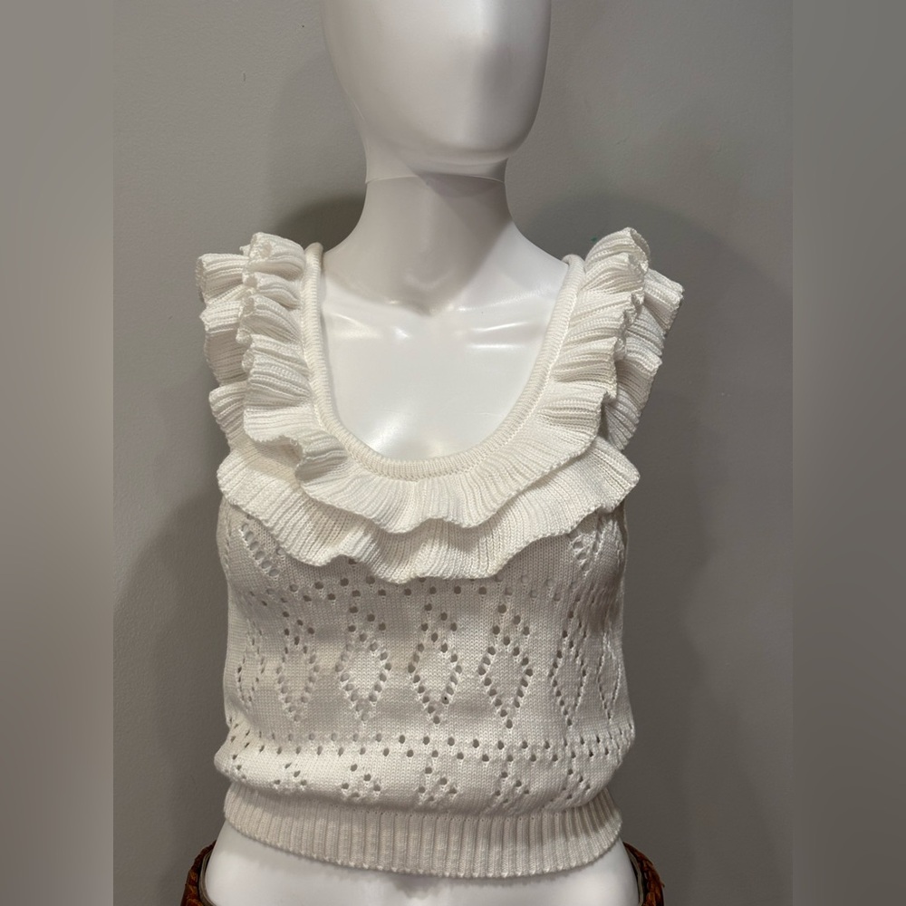 JF Lefon White Ruffle Knit Top Women S/M  Designer